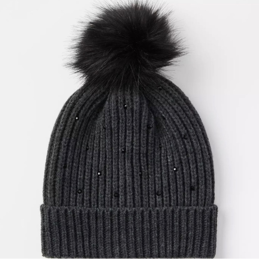 LOFT Black Knit Beanie with Rhinestone Detail and Pom Pom NEW!